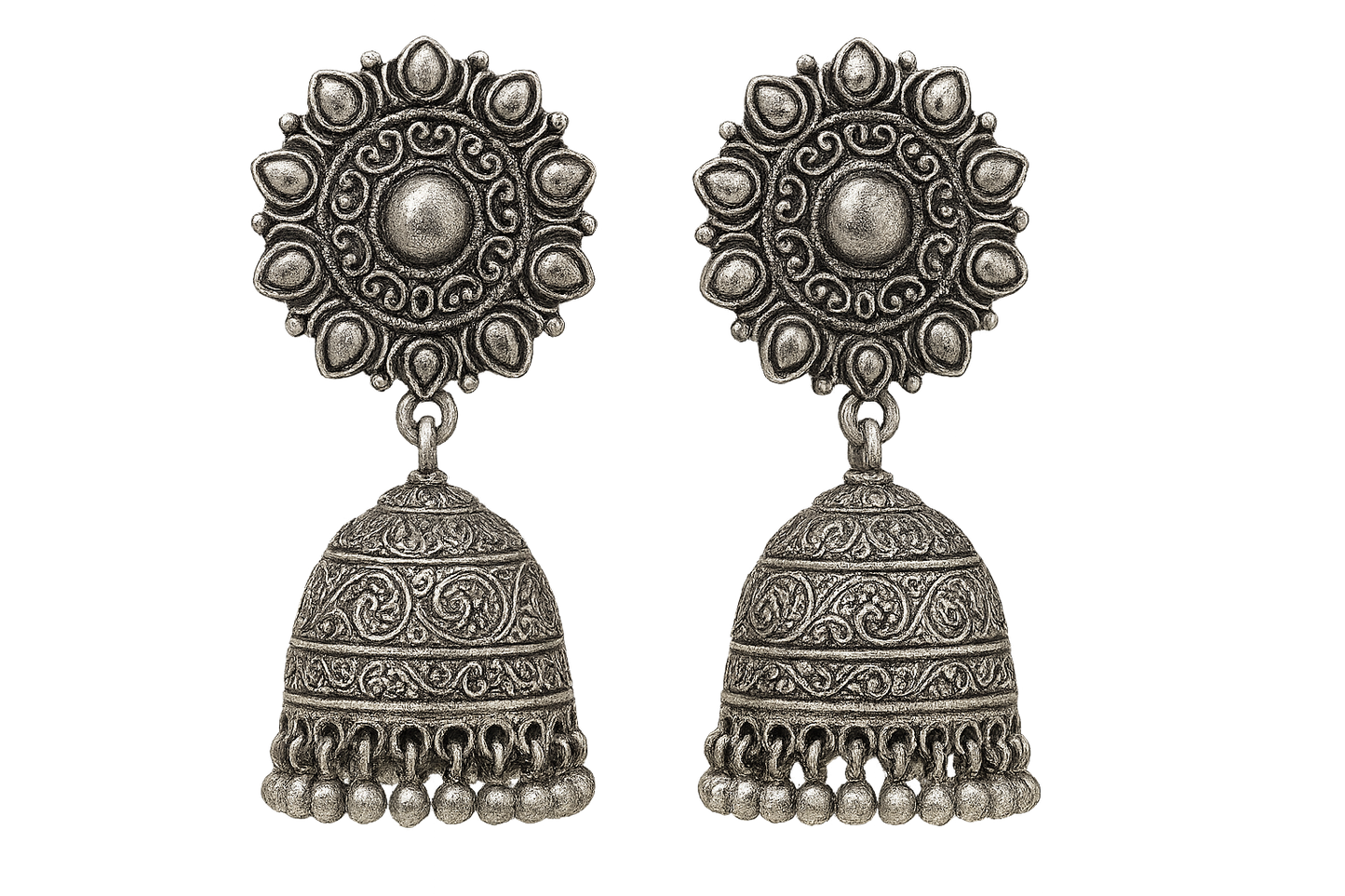 Oxidized Silver Jhumkas 71 with none give the image in png format no background 