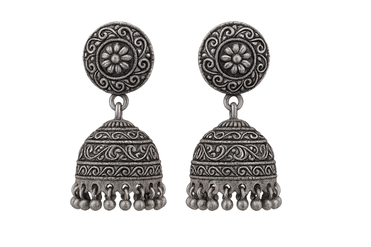 Oxidized Silver Jhumkas 71 with none give the image in png format no background 