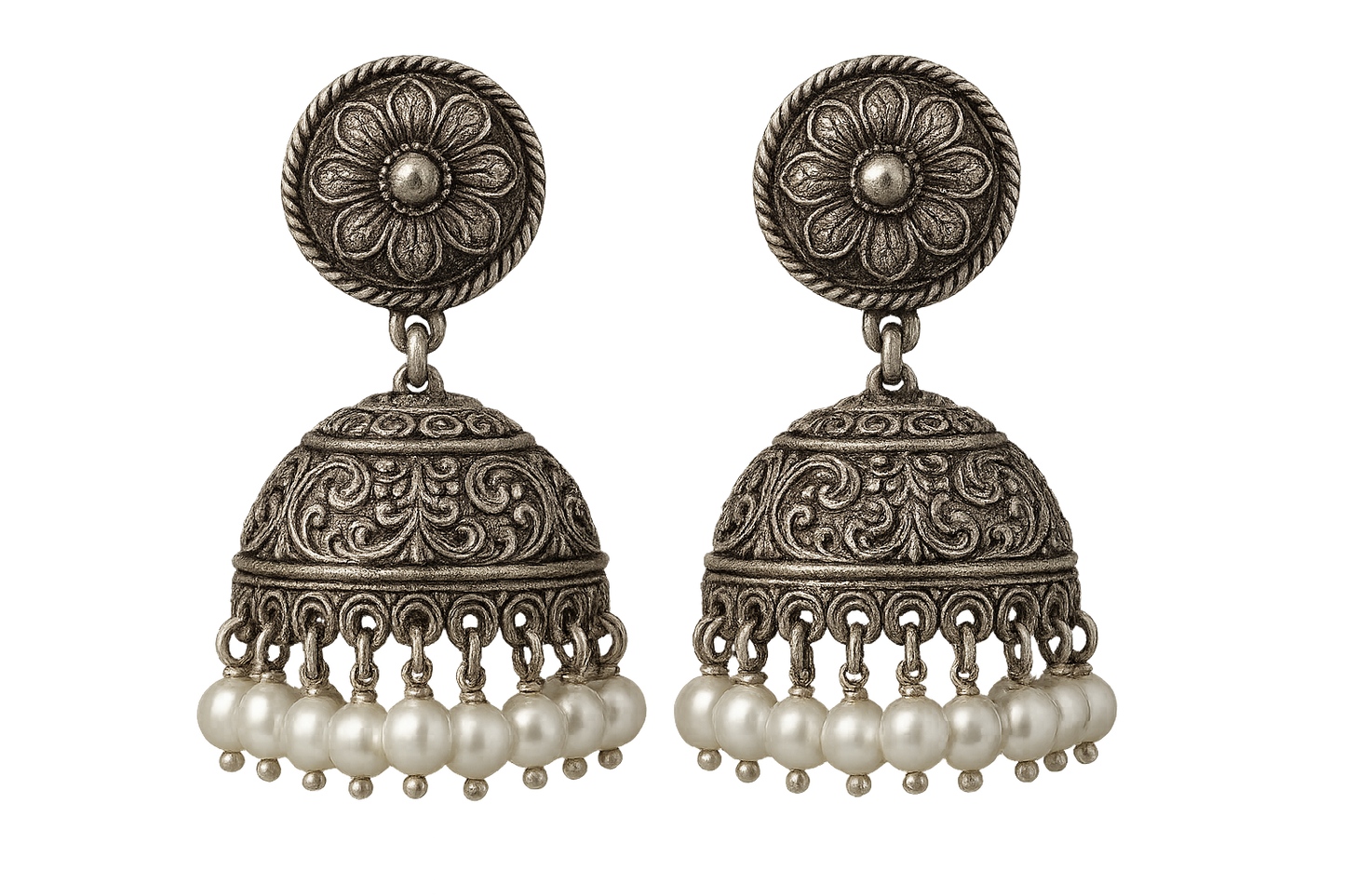 Oxidized Silver Jhumkas 71 with pearl give the image in png format no background