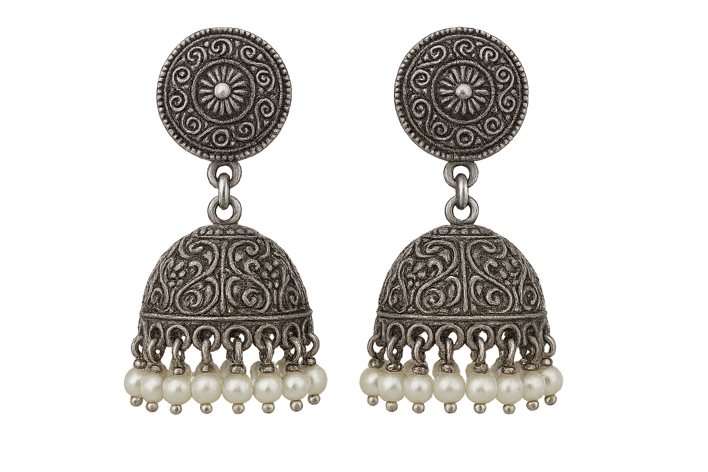 Oxidized Silver Jhumkas 71 with pearl give the image in png format no background