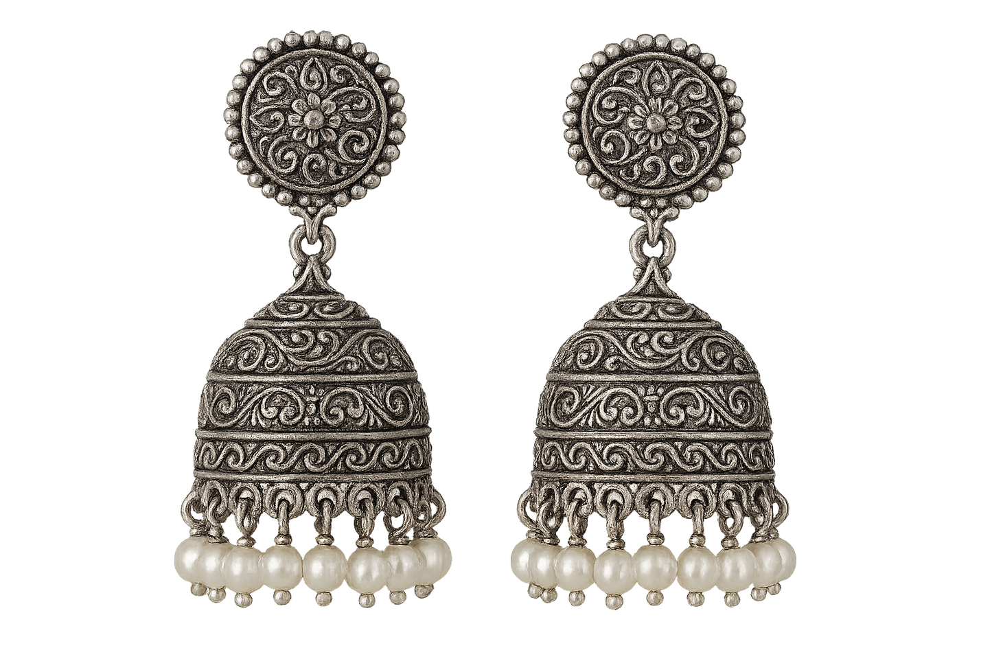Oxidized Silver Jhumkas 71 with pearl give the image in png format no background 