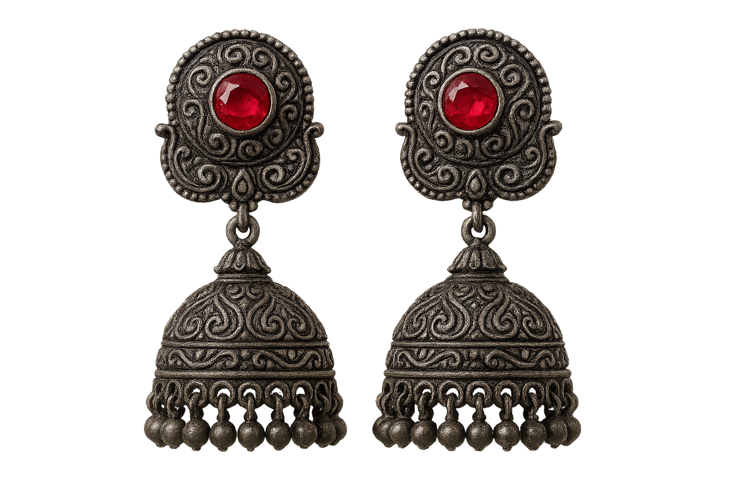 Oxidized Silver Jhumkas 71 with ruby give the image in png format no background