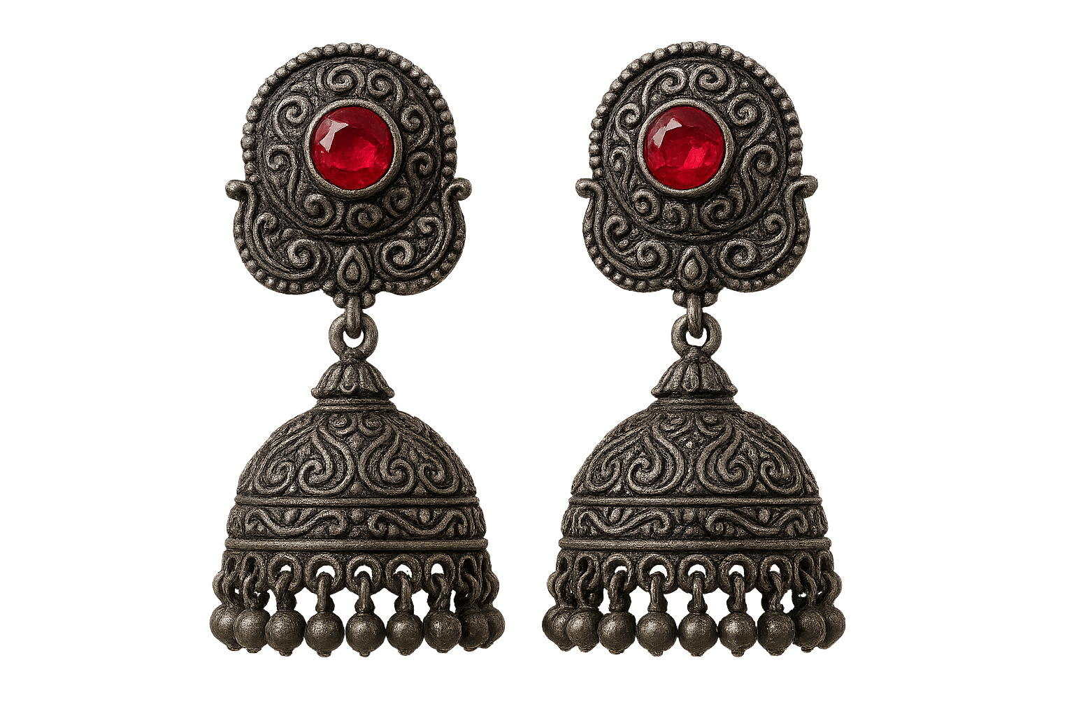 Oxidized Silver Jhumkas 71 with ruby give the image in png format no background