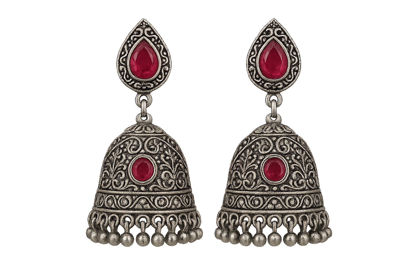 Oxidized Silver Jhumkas 71 with ruby give the image in png format no background