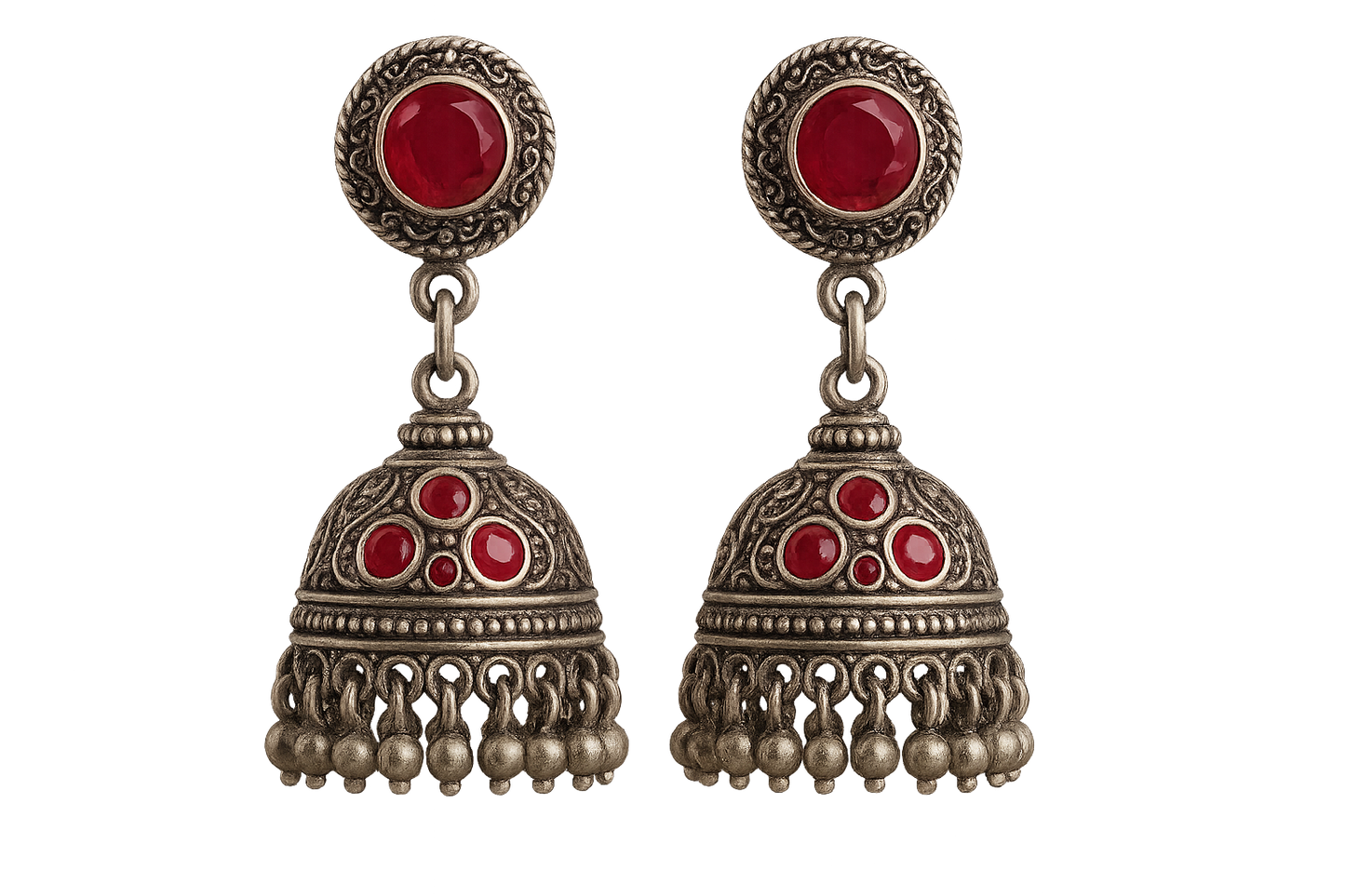 Oxidized Silver Jhumkas 71 with ruby give the image in png format no background