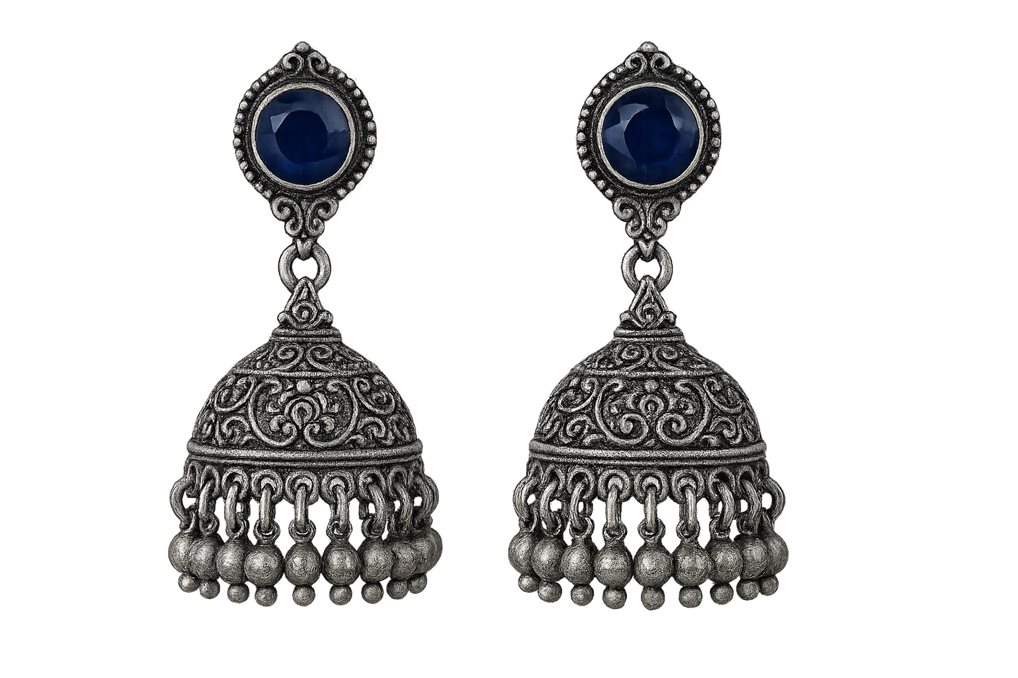 Oxidized Silver Jhumkas 71 with sapphire give the image in png format no background