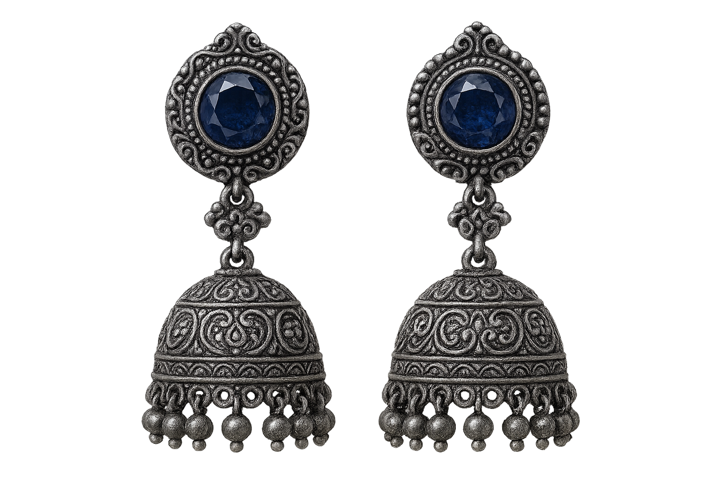 Oxidized Silver Jhumkas 71 with sapphire give the image in png format no background 