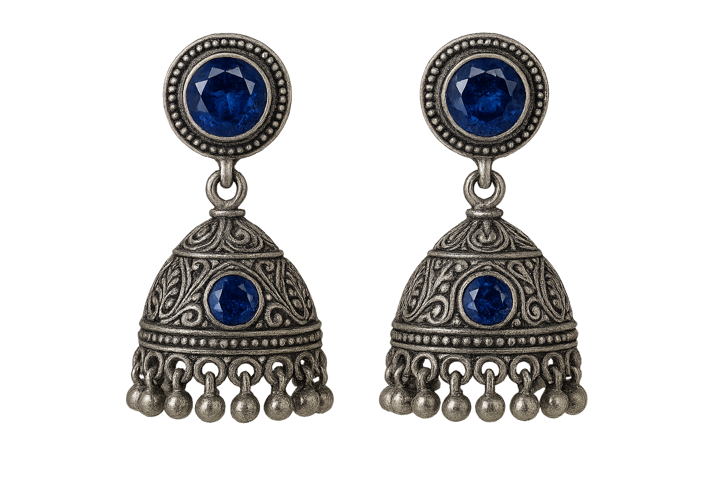 Oxidized Silver Jhumkas 71 with sapphrie give the image in png format no background