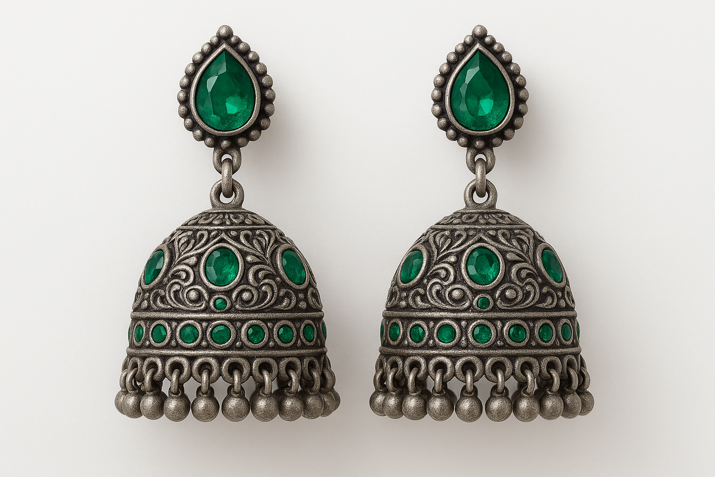 Oxidized Silver Jhumkas 76 with emerald give the image in png format no background