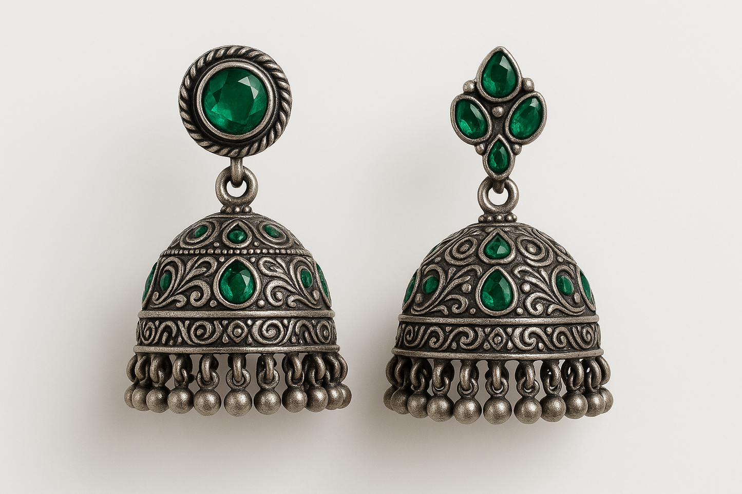 Oxidized Silver Jhumkas 76 with emerald give the image in png format no background
