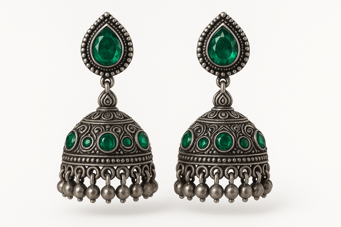 Oxidized Silver Jhumkas 76 with emerald give the image in png format no background
