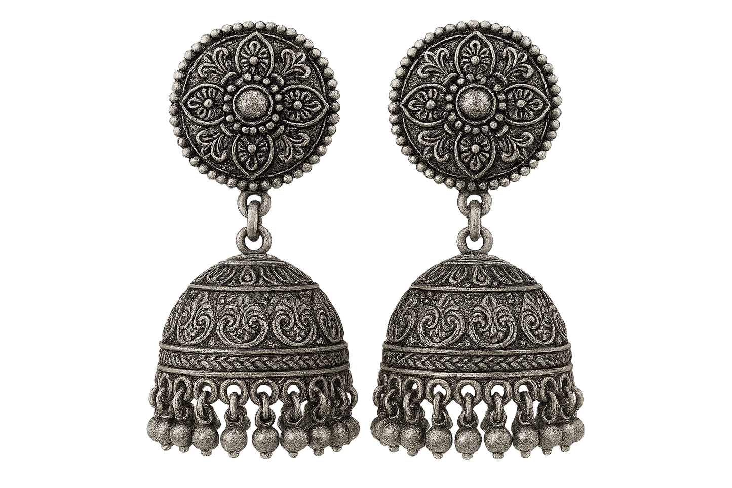 Oxidized Silver Jhumkas 76 with none give the image in png format no background