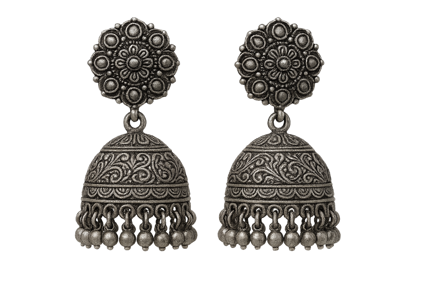 Oxidized Silver Jhumkas 76 with none give the image in png format no background