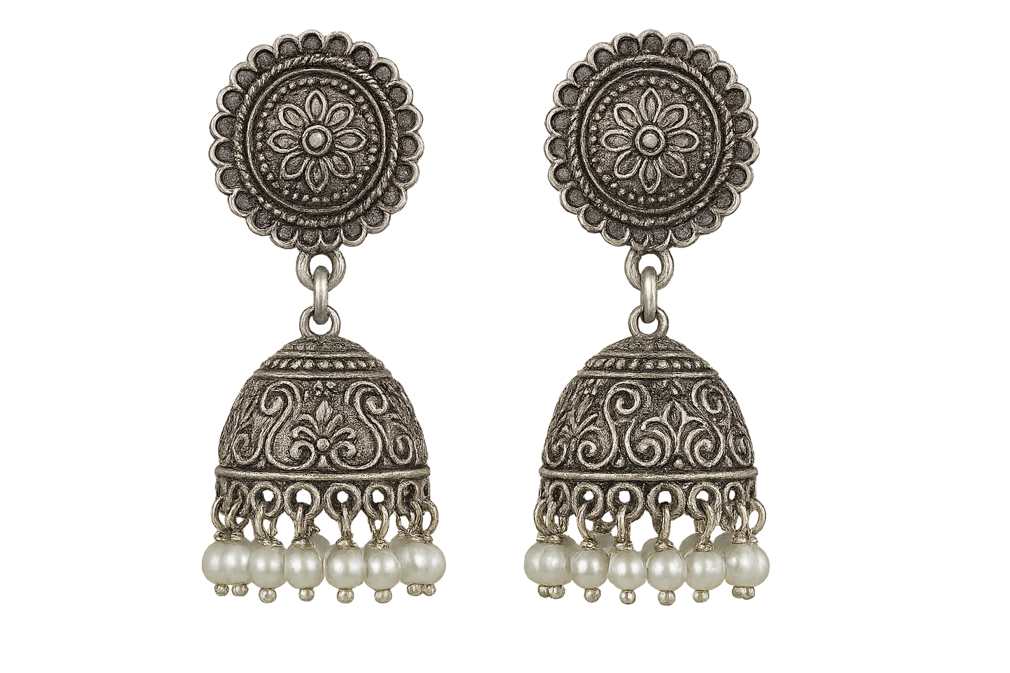 Oxidized Silver Jhumkas 76 with pearl give the image in png format no background