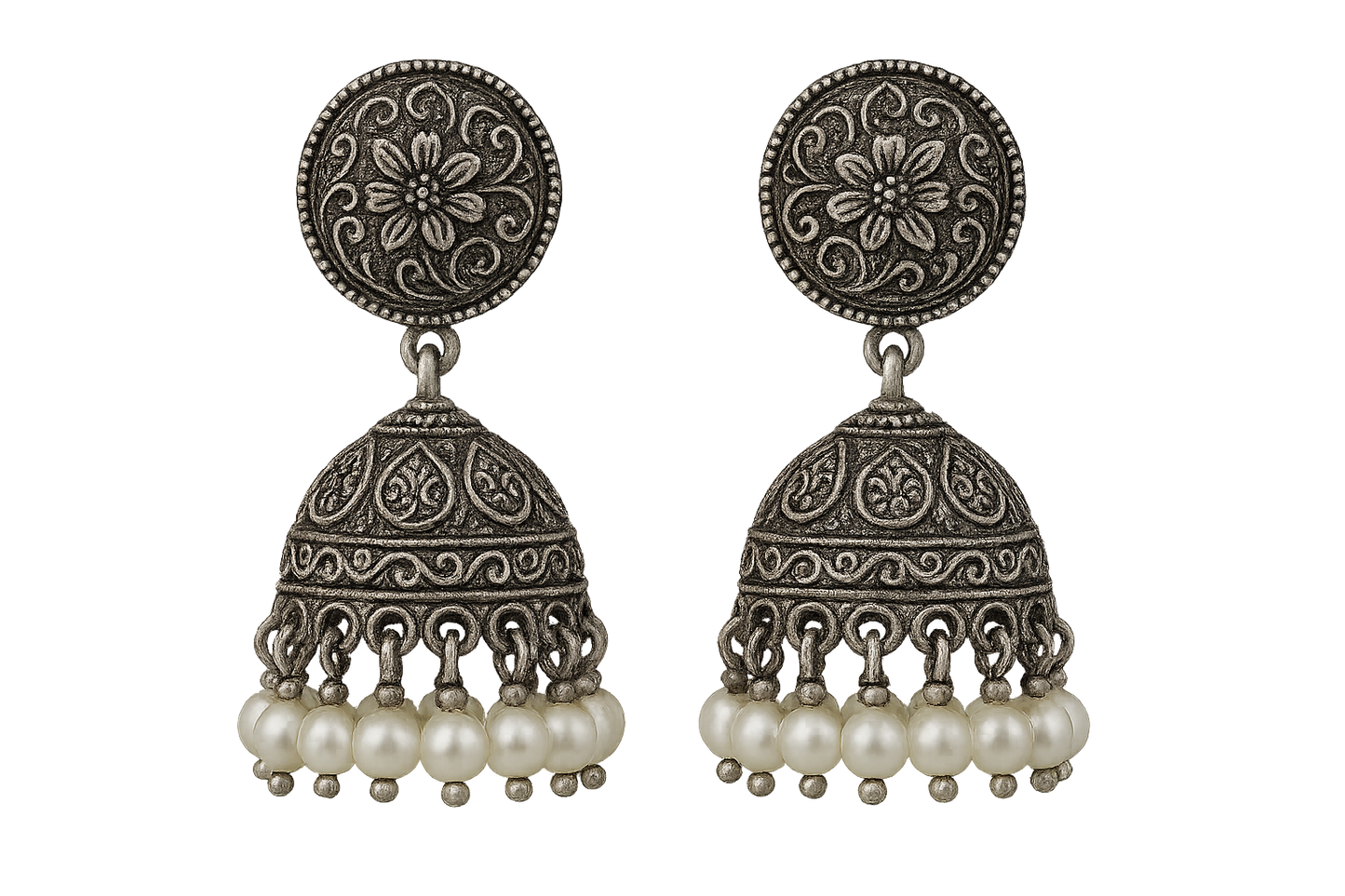  Oxidized Silver Jhumkas 76 with pearl give the image in png format no background