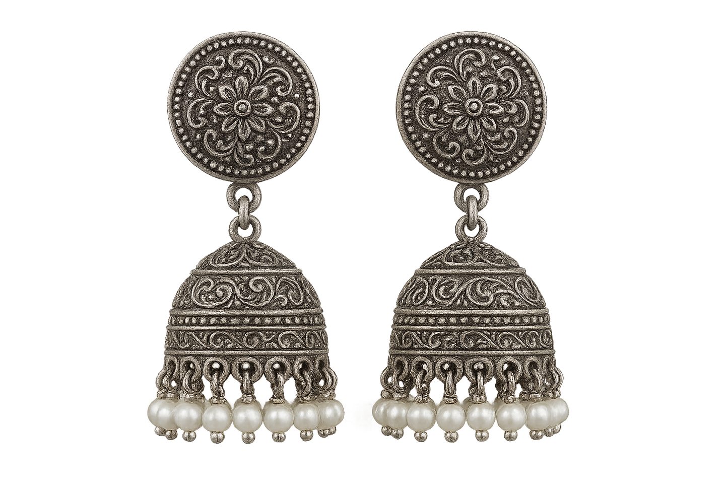 Oxidized Silver Jhumkas 76 with pearl give the image in png format no background