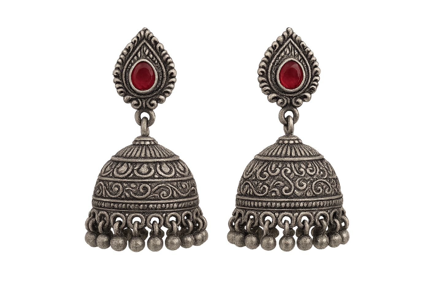 Oxidized Silver Jhumkas 76 with ruby give the image in png format no background
