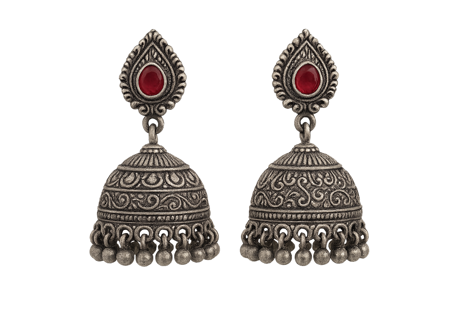 Oxidized Silver Jhumkas 76 with ruby give the image in png format no background