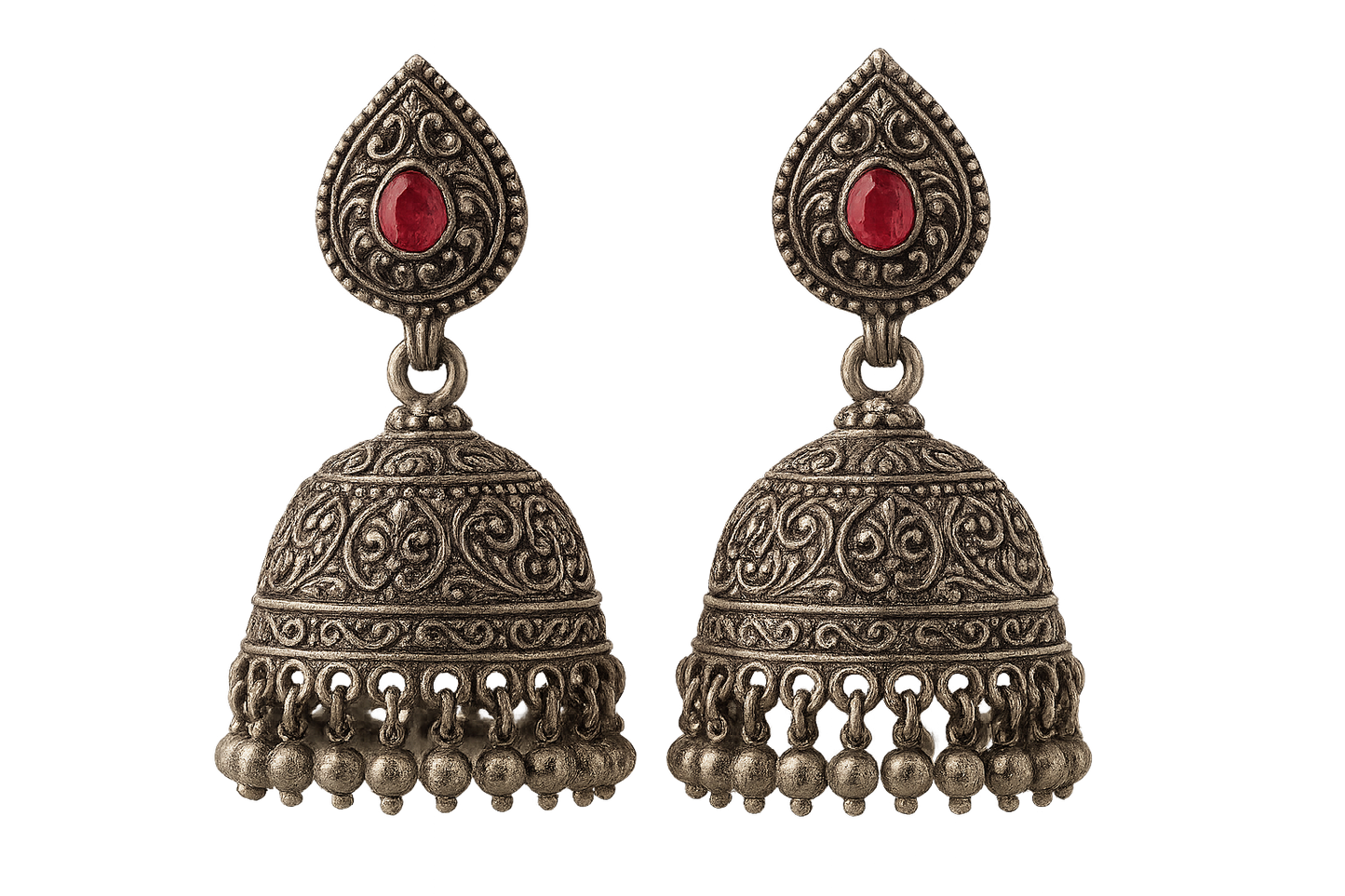  Oxidized Silver Jhumkas 76 with ruby give the image in png format no background