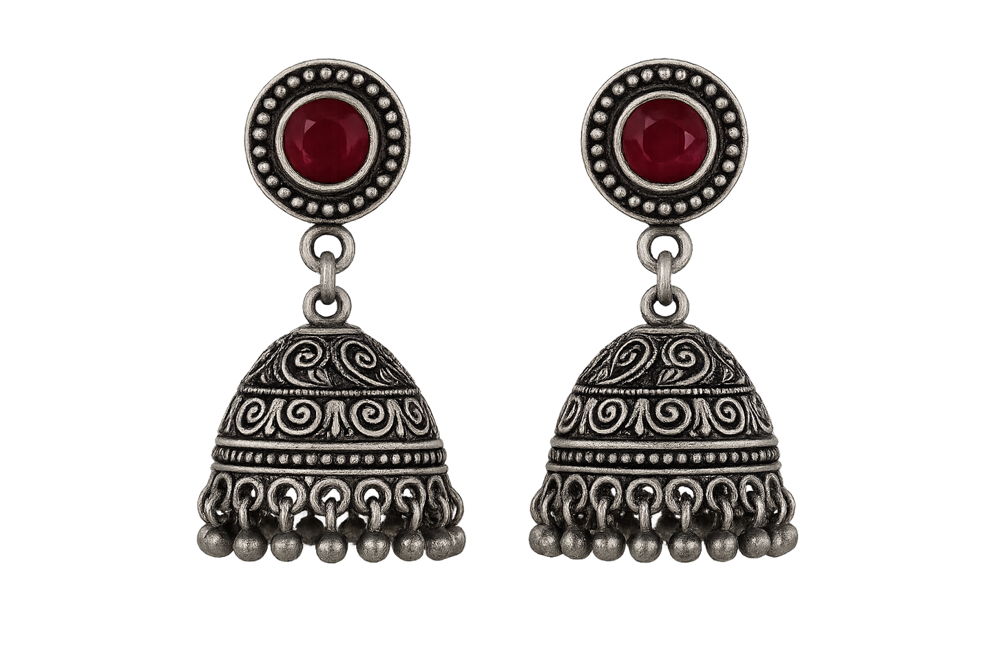 Oxidized Silver Jhumkas 76 with ruby give the image in png format no background