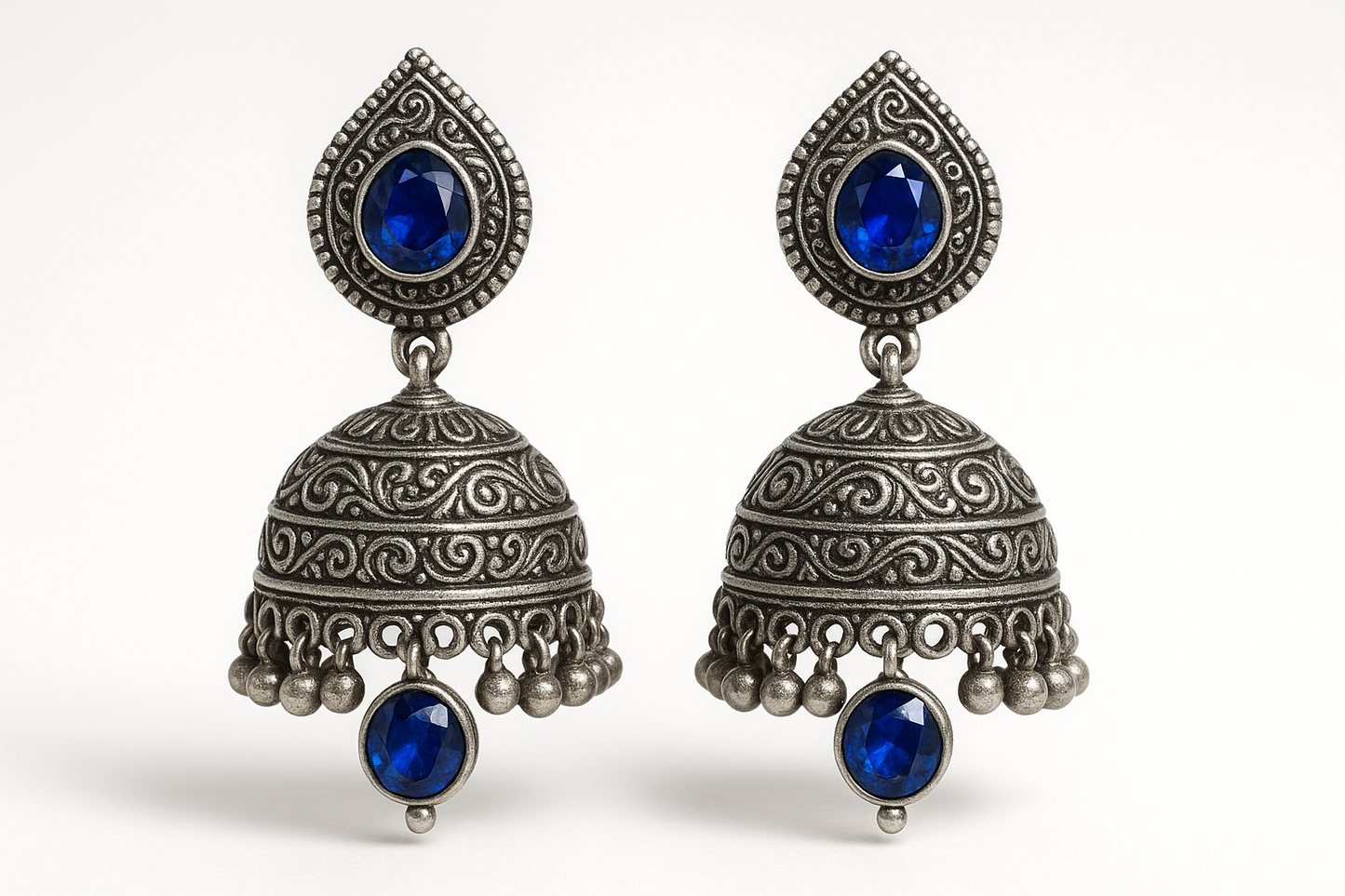 Oxidized Silver Jhumkas 76 with sapphire give the image in png format no background