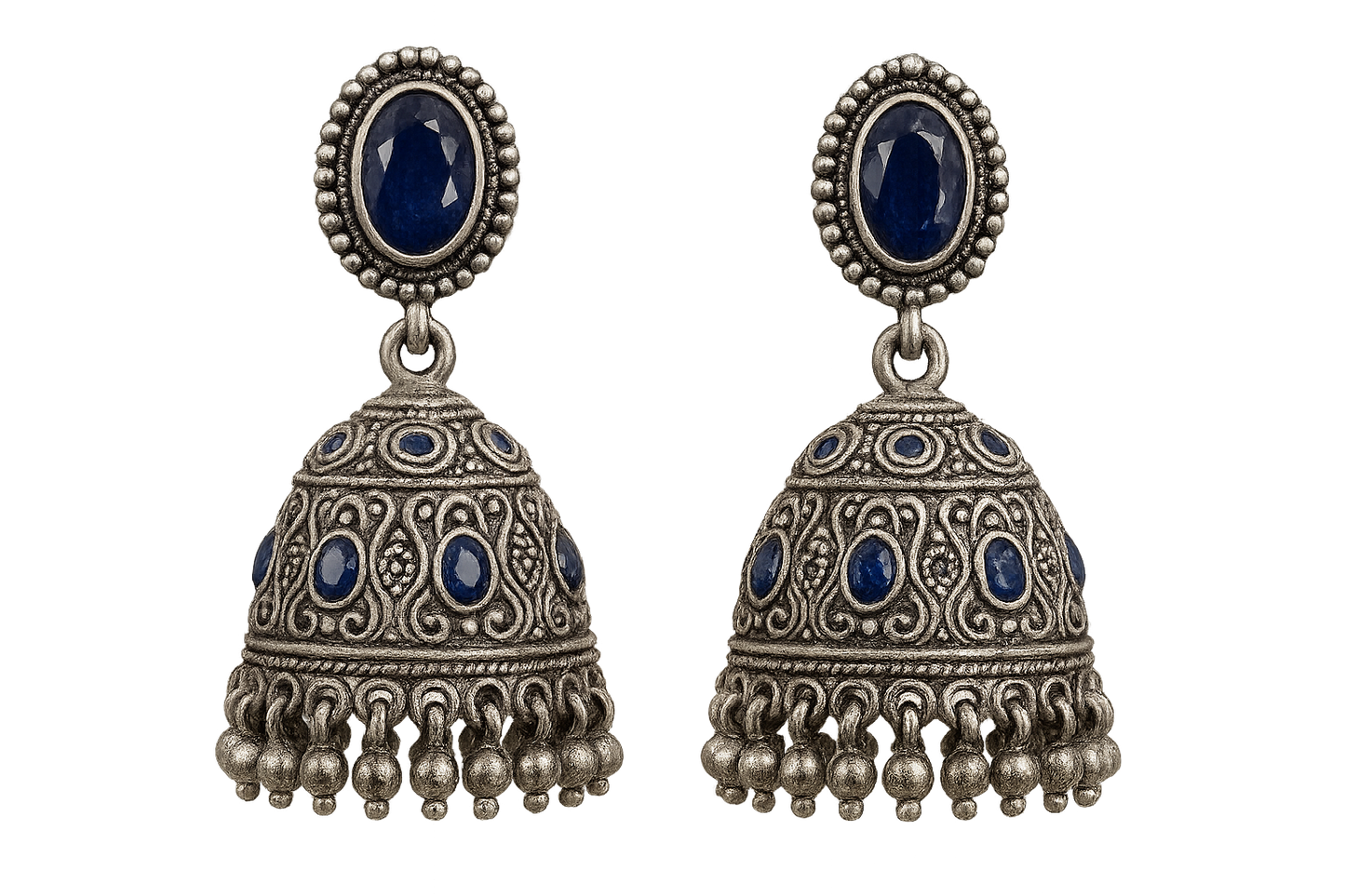 Oxidized Silver Jhumkas 76 with sapphire give the image in png format no background