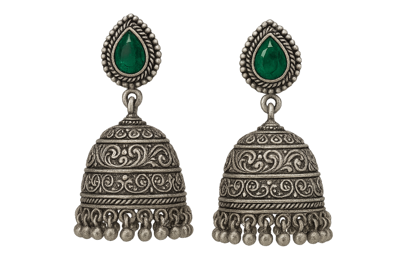 Oxidized Silver Jhumkas 8 with emerald give the image in png format no background 