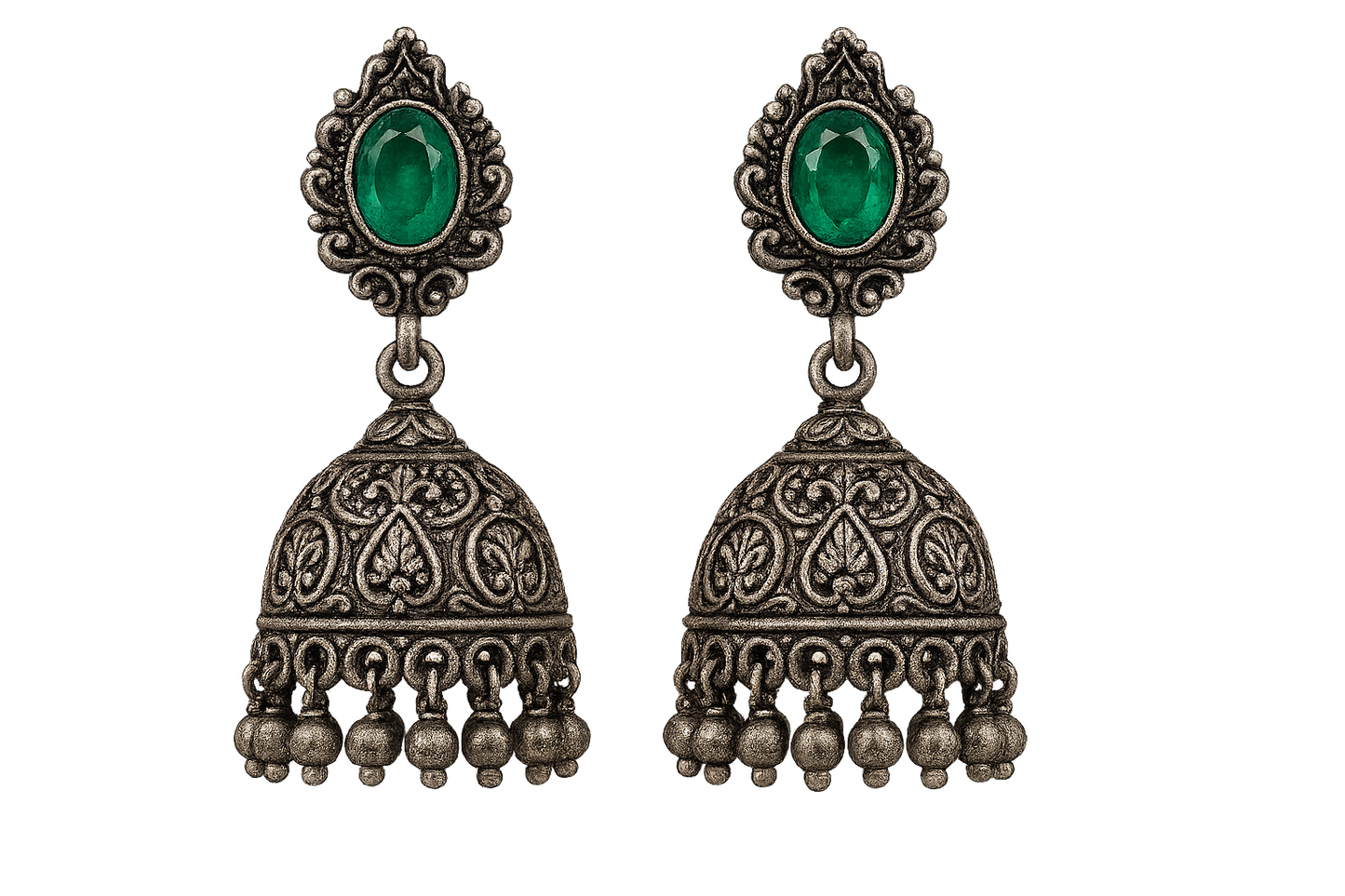 Oxidized Silver Jhumkas 8 with emerald give the image in png format no background  