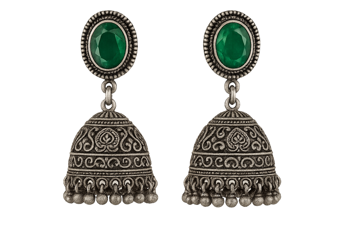 Oxidized Silver Jhumkas 8 with emerald give the image in png format no background 