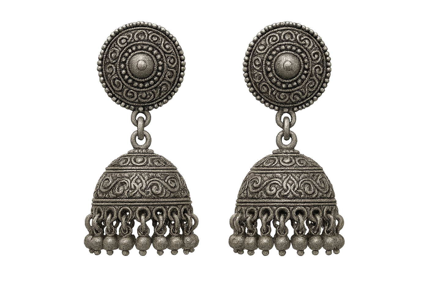 Oxidized Silver Jhumkas 8 with none give the image in png format no background  