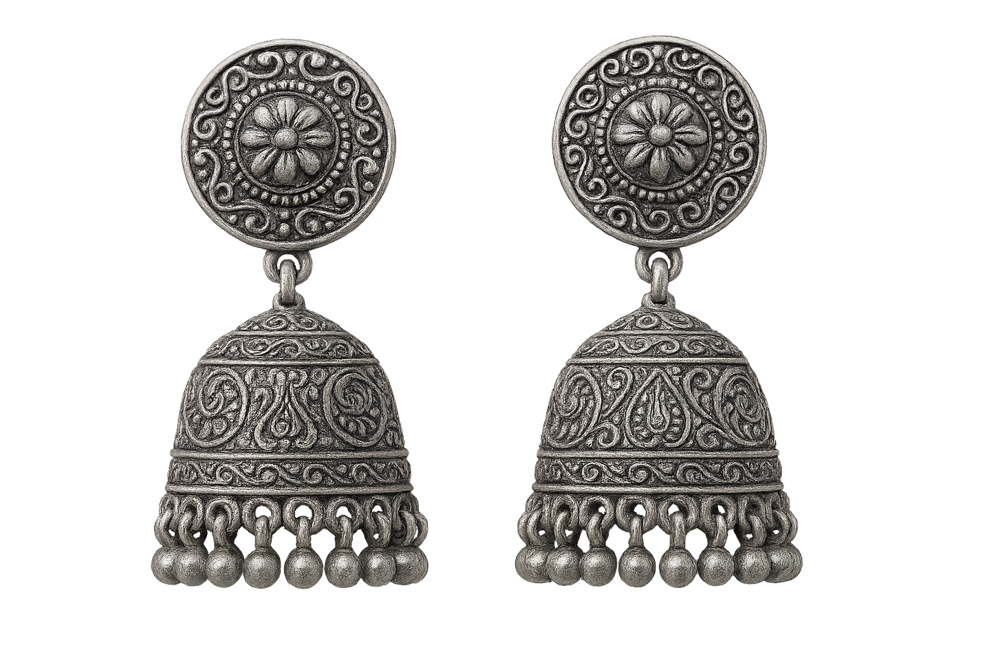 Oxidized Silver Jhumkas 8 with none give the image in png format no background  
