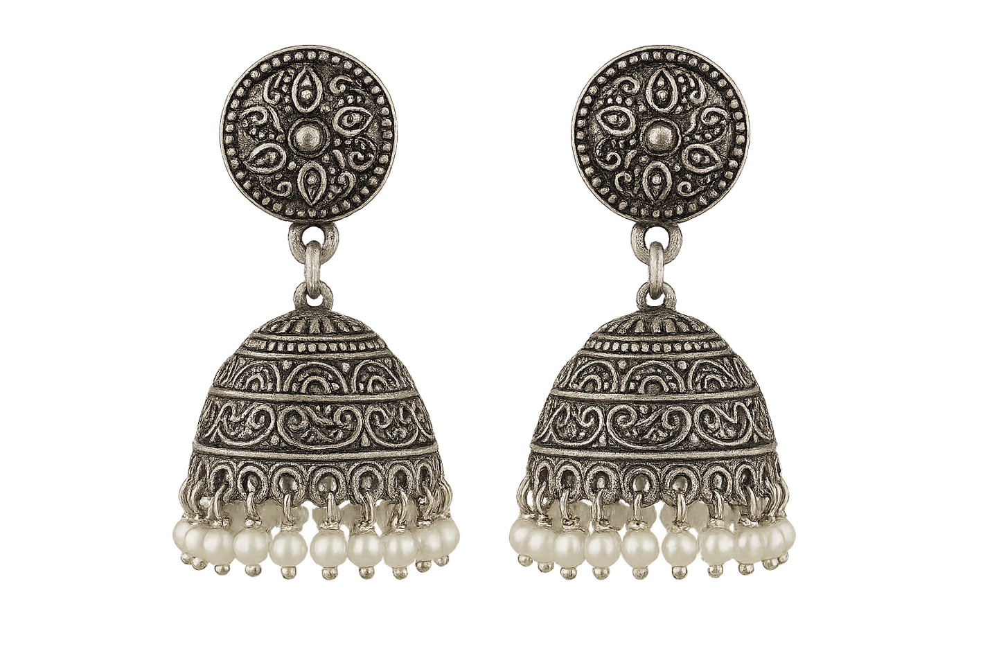 Oxidized Silver Jhumkas 8 with pearl give the image in png format no background 