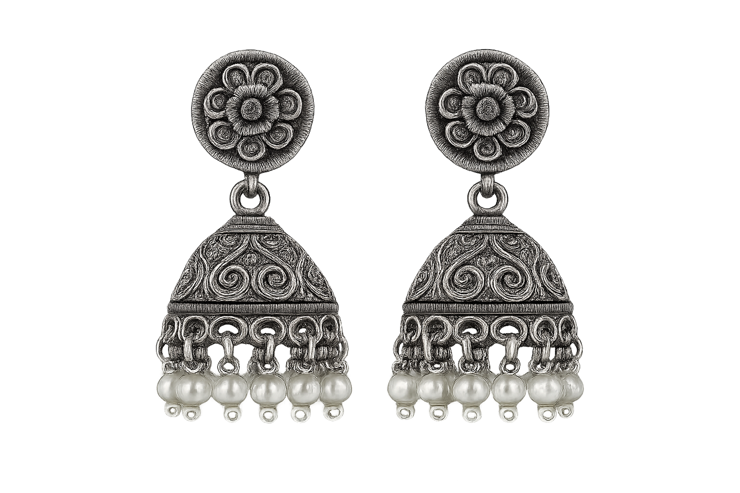 Oxidized Silver Jhumkas 8 with pearl give the image in png format no background 