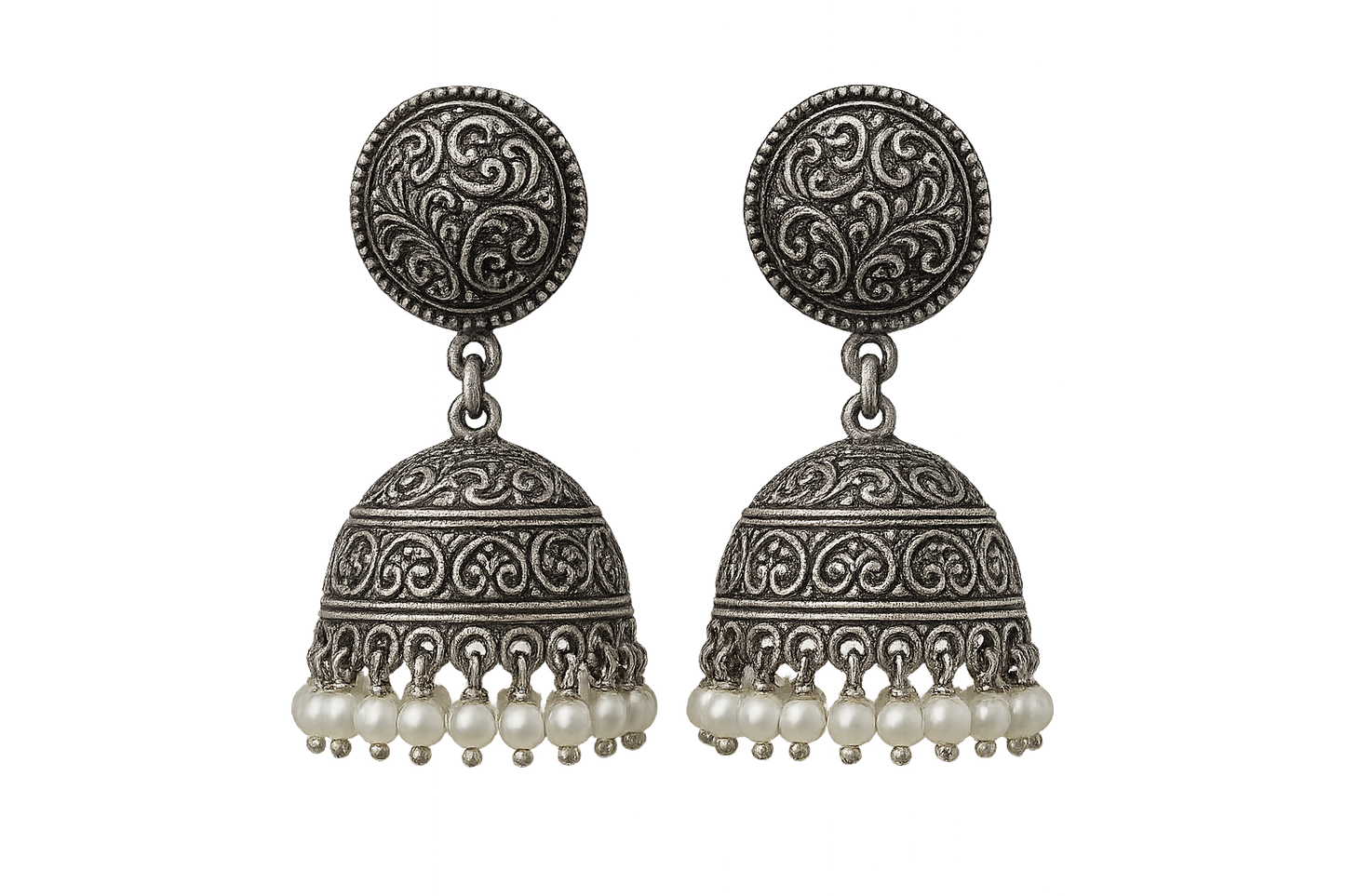 Oxidized Silver Jhumkas 8 with pearl give the image in png format no background 