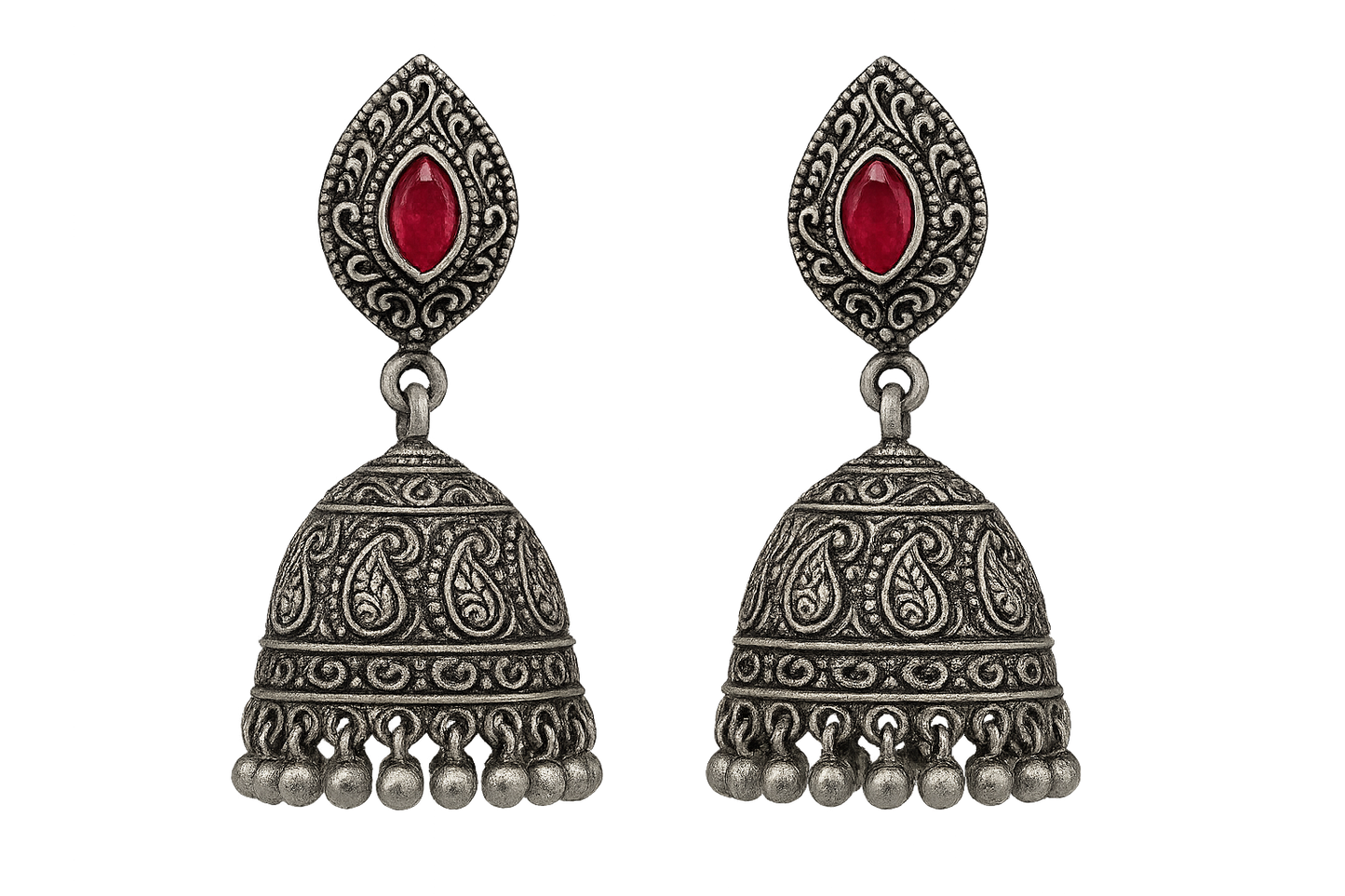 Oxidized Silver Jhumkas 8 with ruby give the image in png format no background  