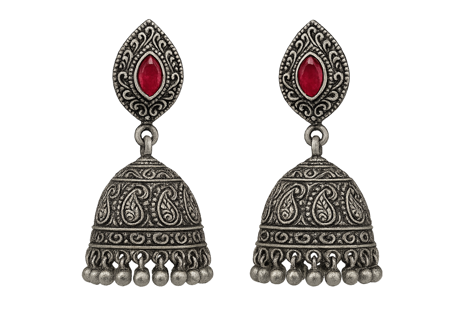 Oxidized Silver Jhumkas 8 with ruby give the image in png format no background  