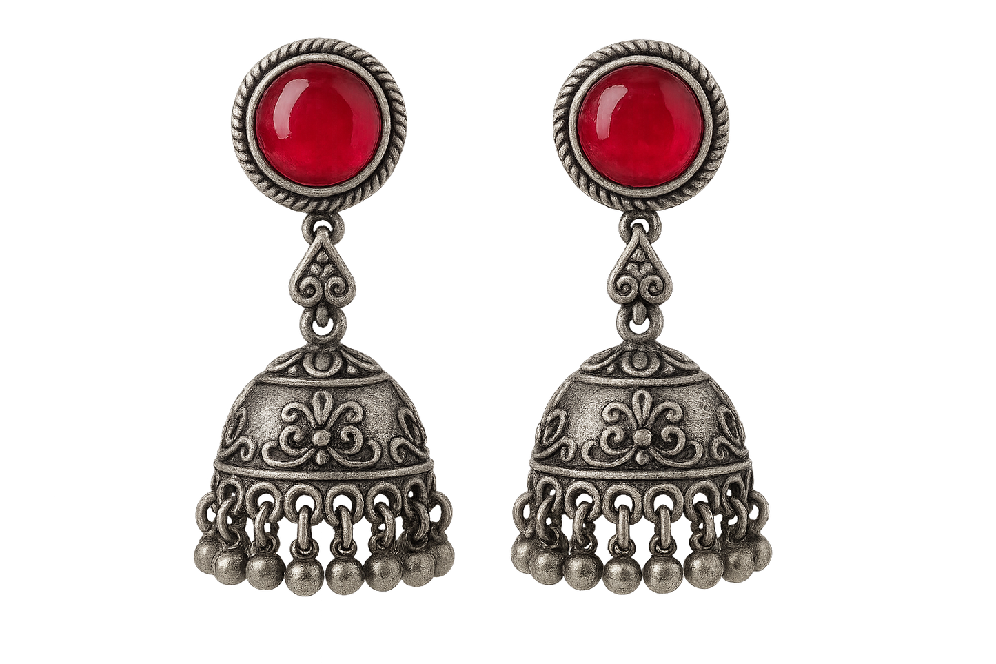 Oxidized Silver Jhumkas 8 with ruby give the image in png format no background 