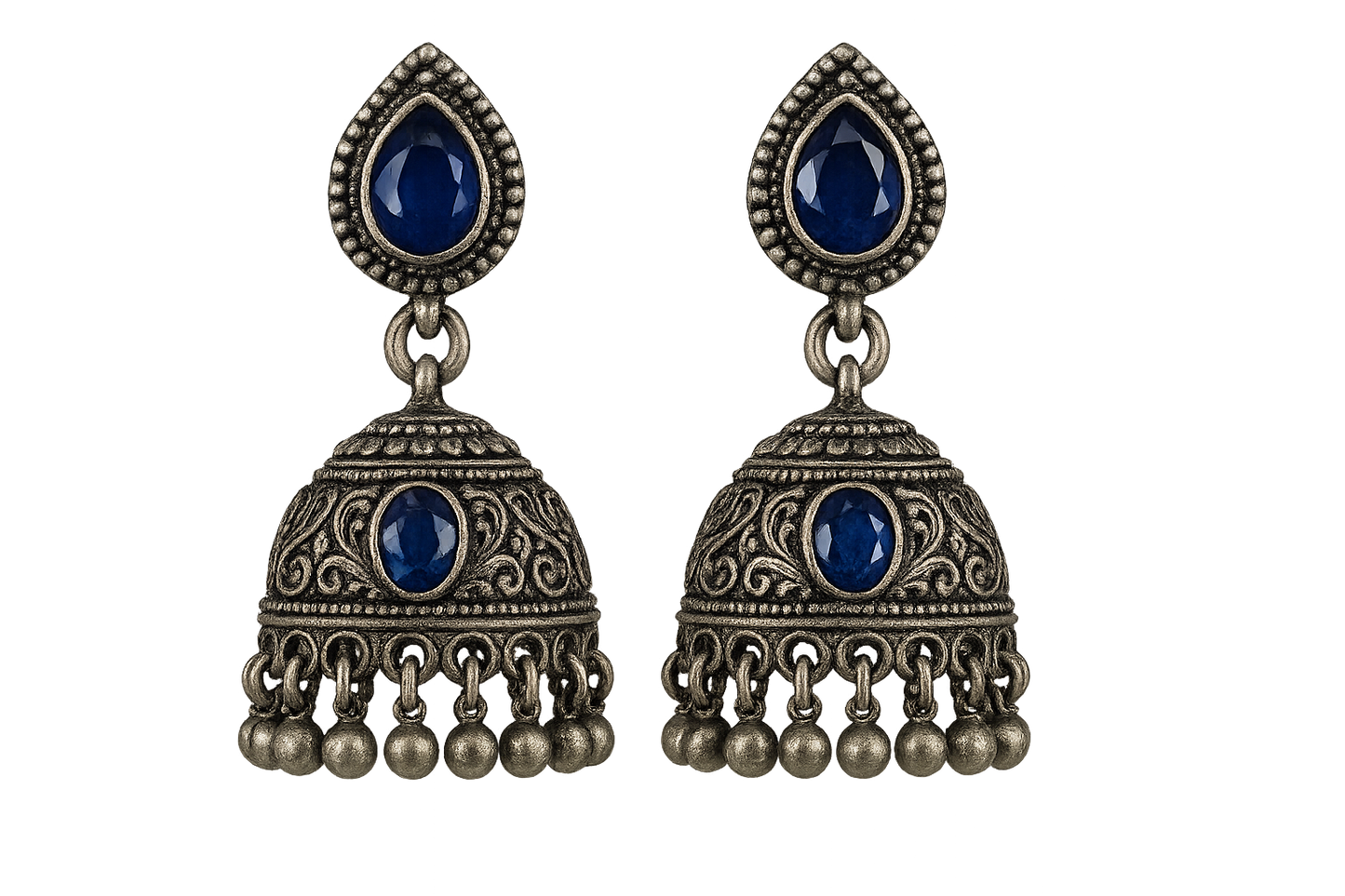 Oxidized Silver Jhumkas 8 with sapphire give the image in png format no background  