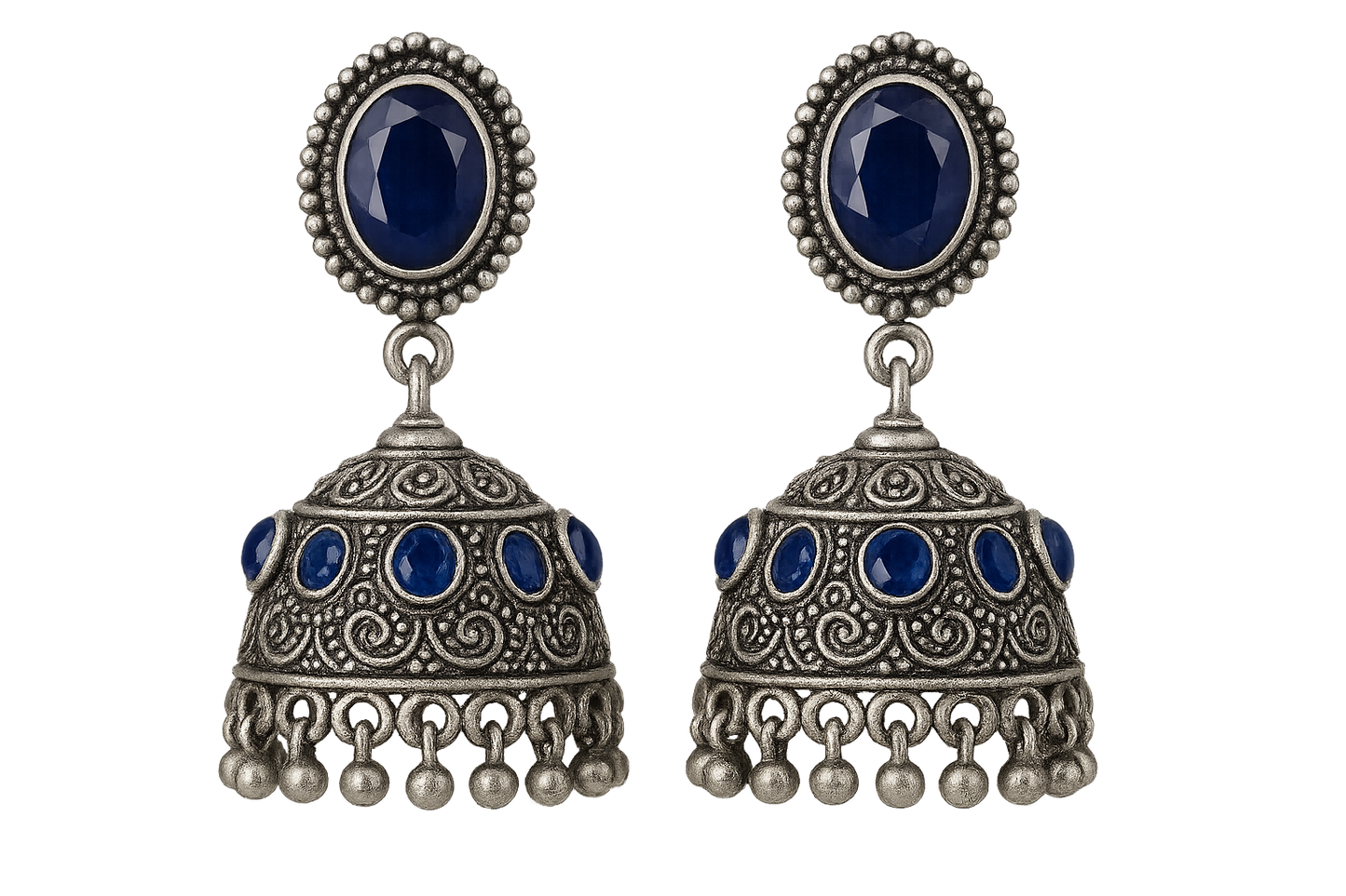Oxidized Silver Jhumkas 8 with sapphire give the image in png format no background  