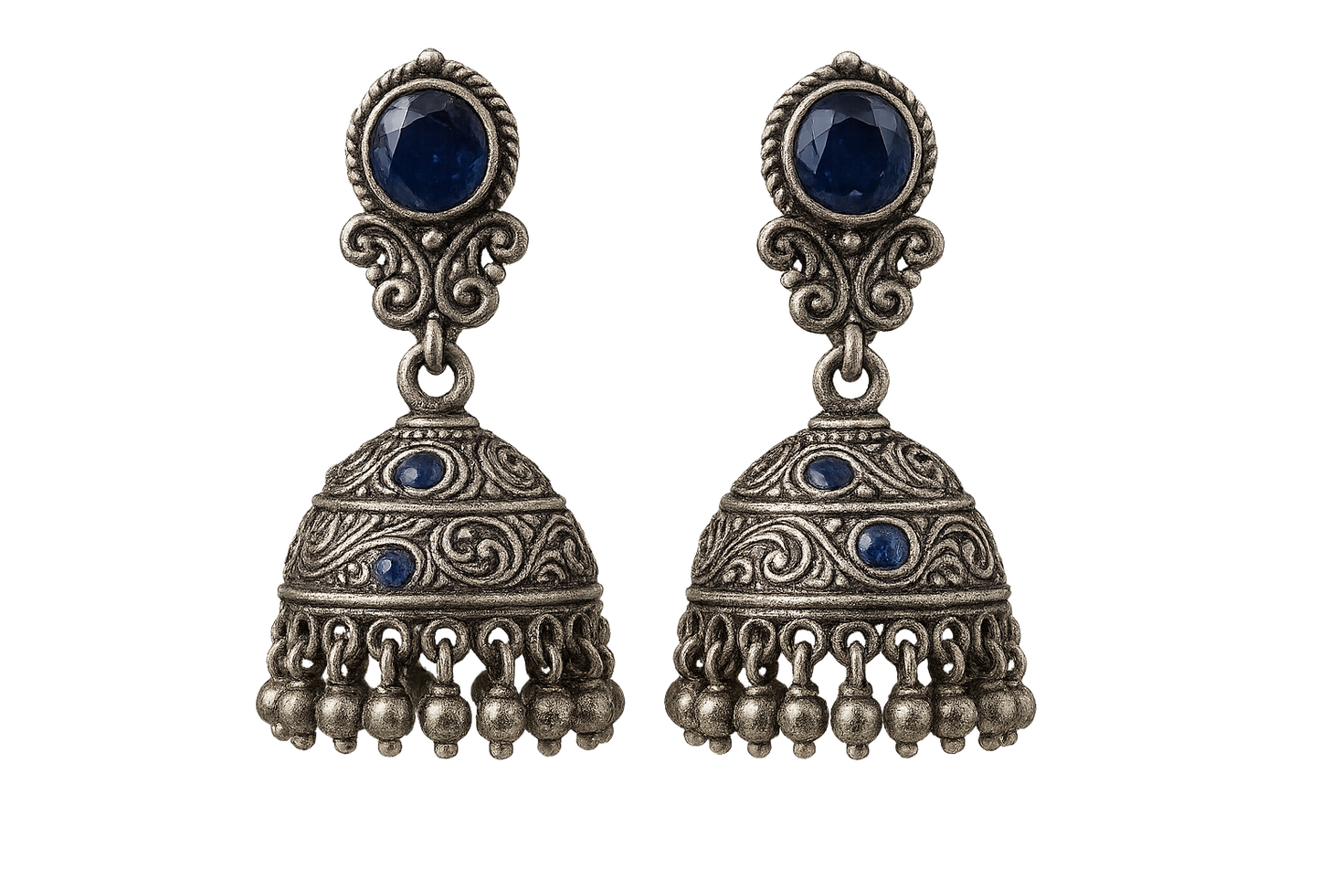 Oxidized Silver Jhumkas 8 with sapphire give the image in png format no background  