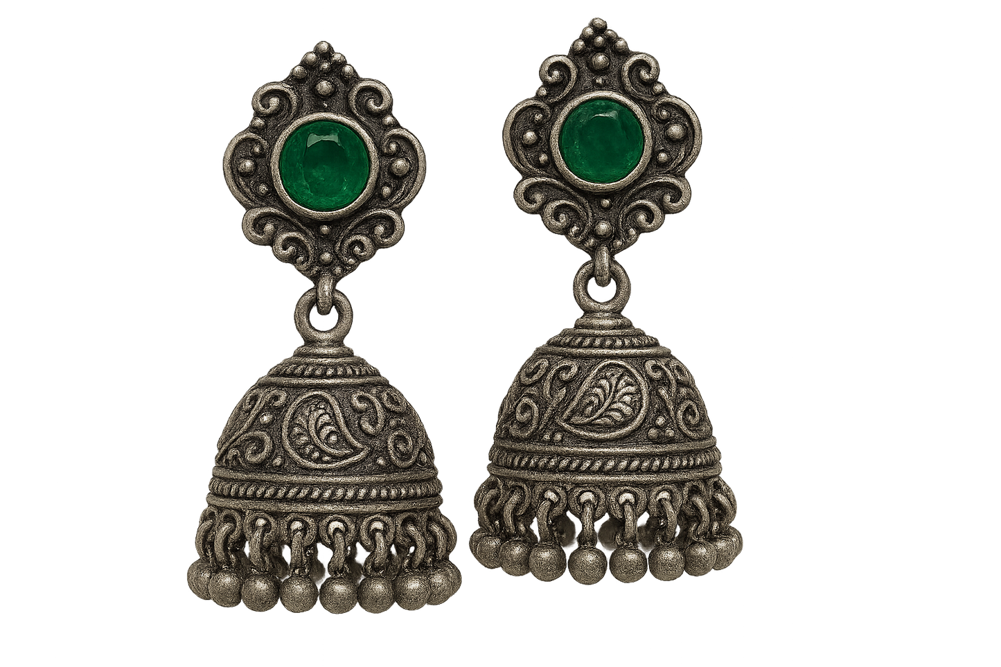  Oxidized Silver Jhumkas 80 with emerald give the image in png format no background