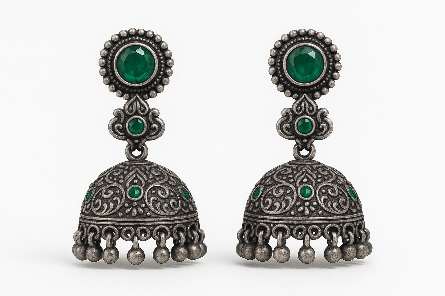  Oxidized Silver Jhumkas 80 with emerald give the image in png format no background