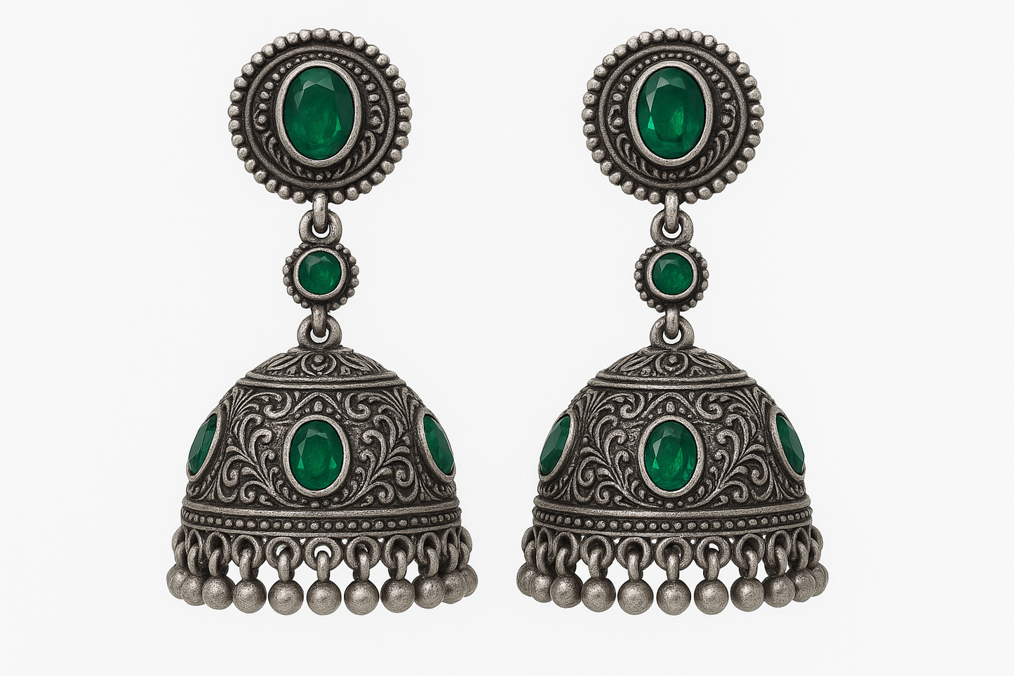  Oxidized Silver Jhumkas 80 with emerald give the image in png format no background