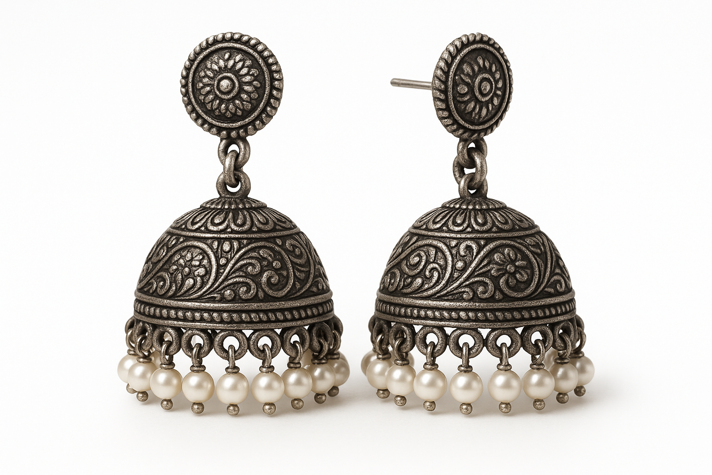 Oxidized Silver Jhumkas 80 with pearl give the image in png format no background 