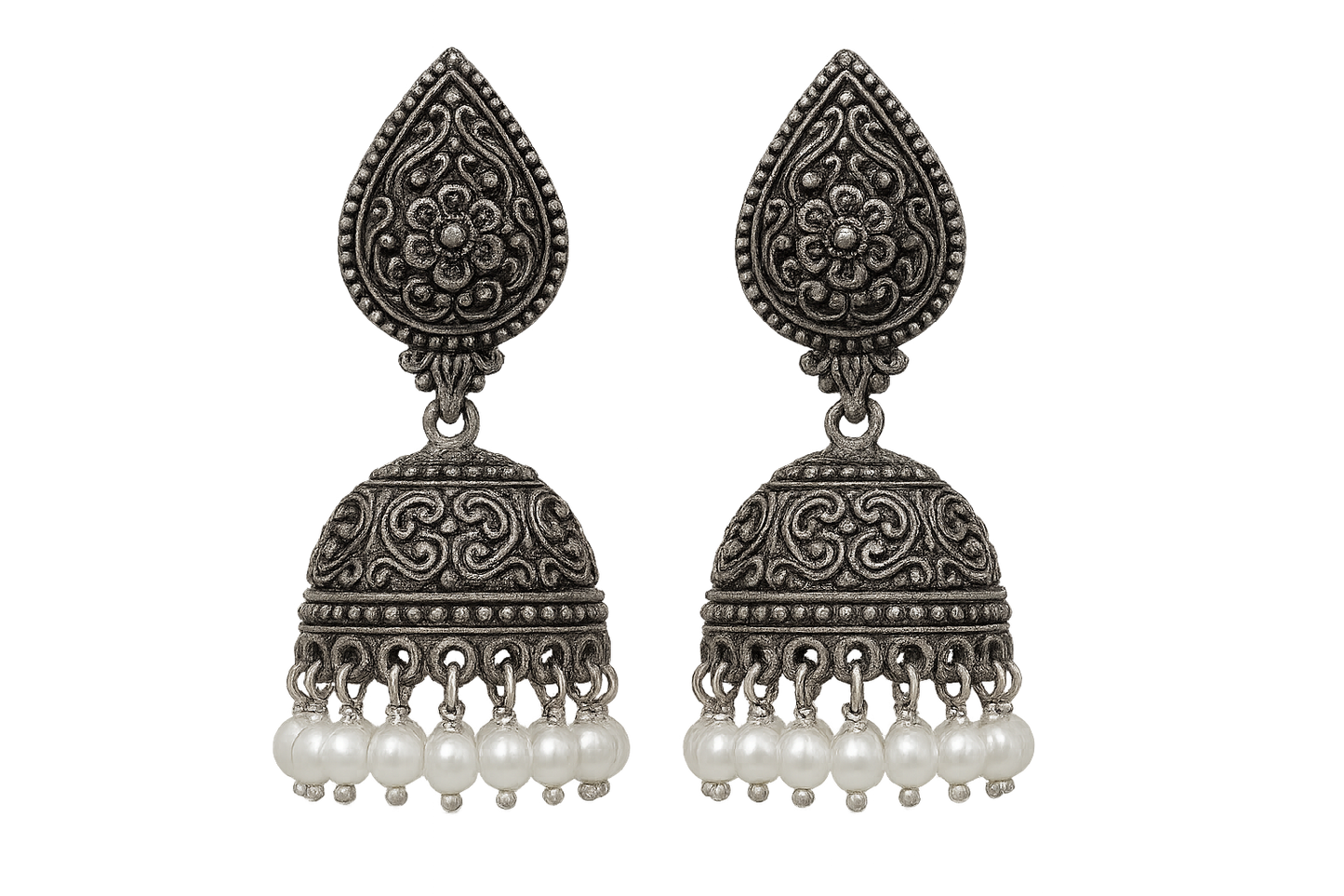 Oxidized Silver Jhumkas 80 with pearl give the image in png format no background