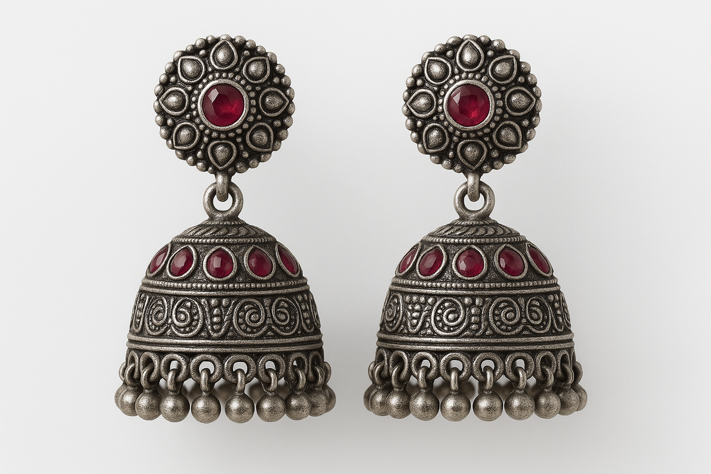 Oxidized Silver Jhumkas 80 with ruby give the image in png format no background