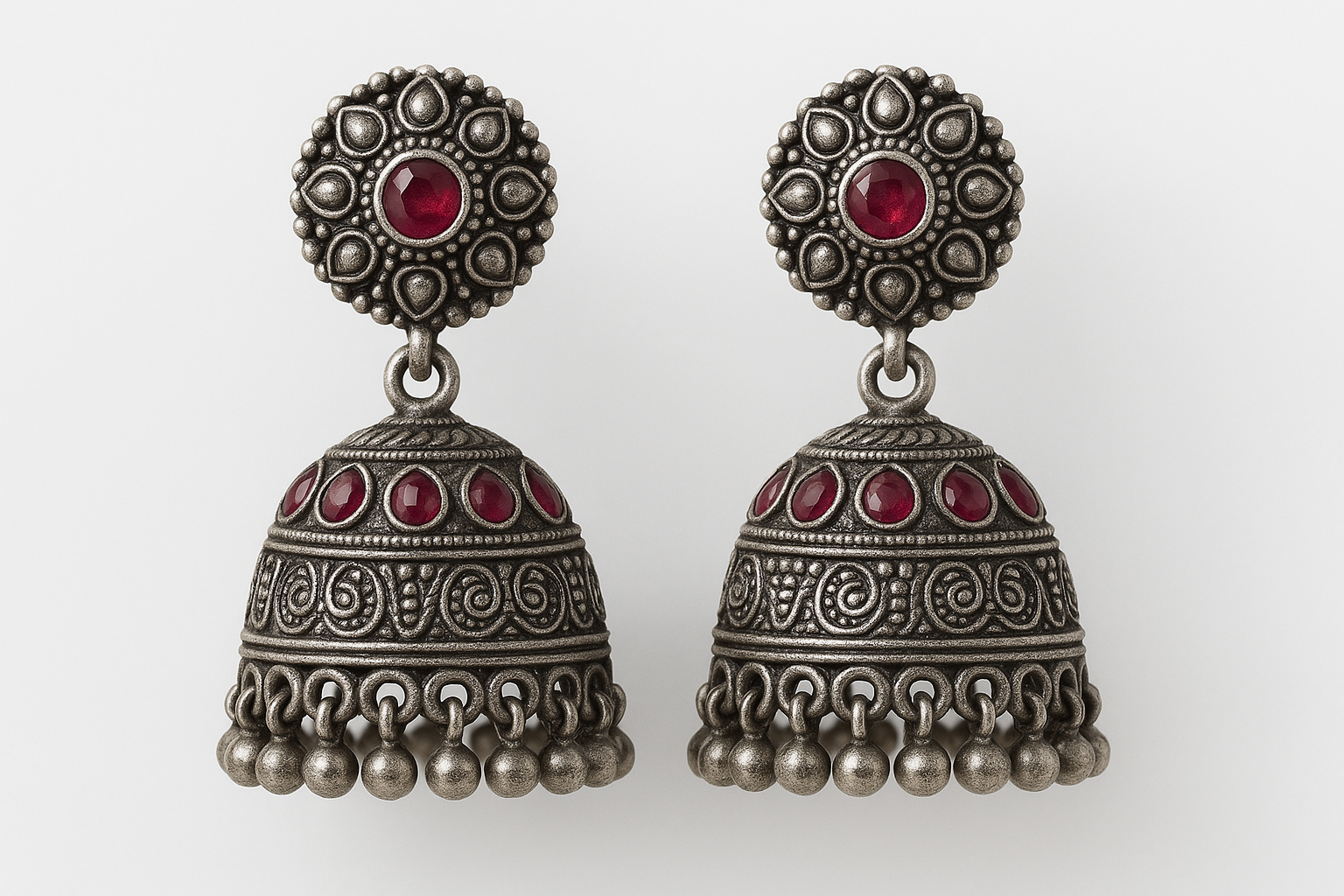 Oxidized Silver Jhumkas 80 with ruby give the image in png format no background