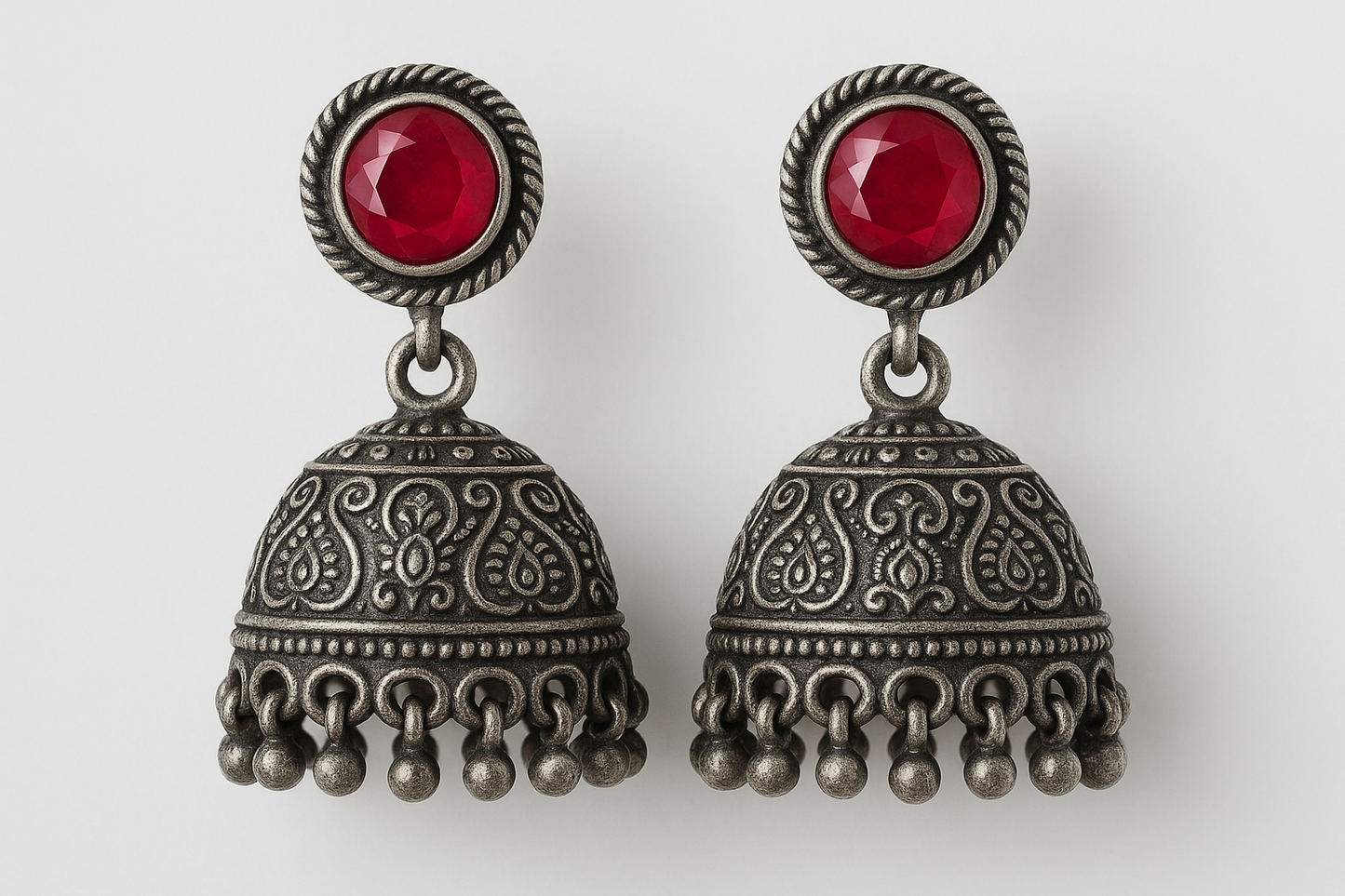 Oxidized Silver Jhumkas 80 with ruby give the image in png format no background