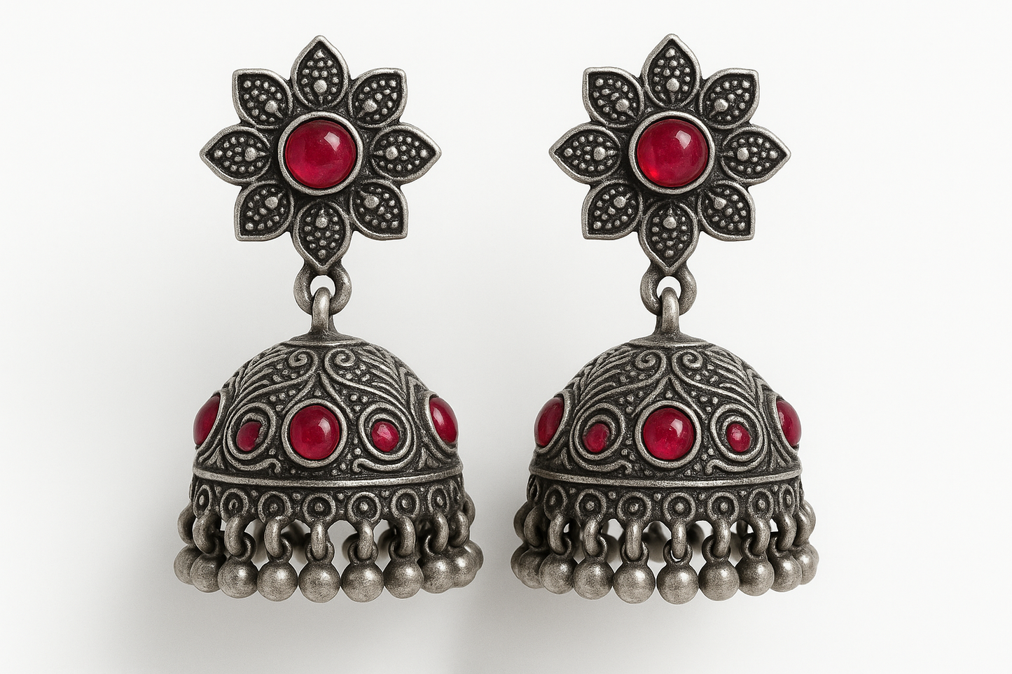 Oxidized Silver Jhumkas 80 with ruby give the image in png format no background
