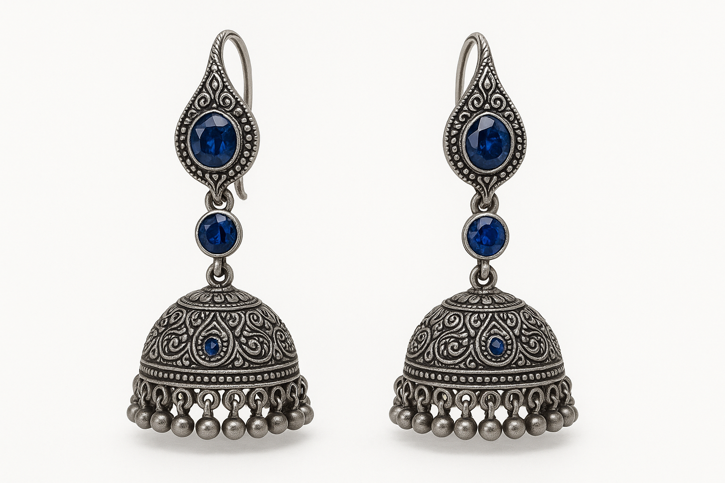 Oxidized Silver Jhumkas 80 with sapphire give the image in png format no background
